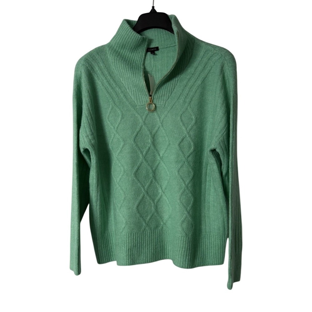 NWT Talbots Womens Long Sleeve Zip Neck Light Green Stretch Sweater Size Large